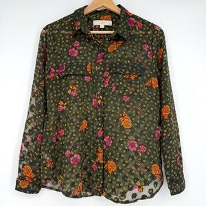 Loft Sheer Floral Button Down Long Sleeve Shirt Blouse SP‎